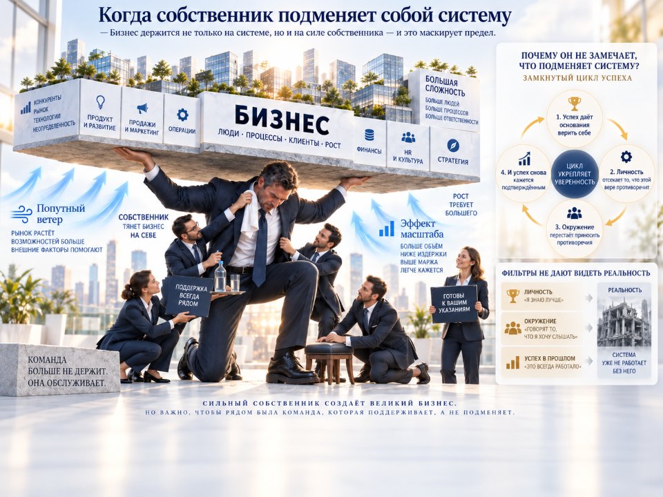 Собственник держит на плечах весь бизнес; команда его поддерживает; справа — замкнутый цикл успеха и фильтры восприятия