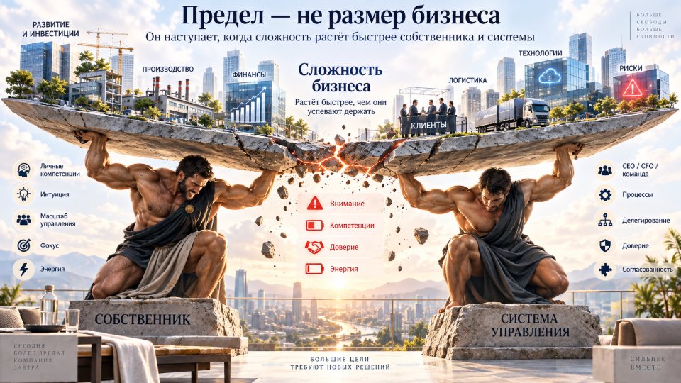 Собственник и система управления держат плиту сложности бизнеса; плита трескается посередине